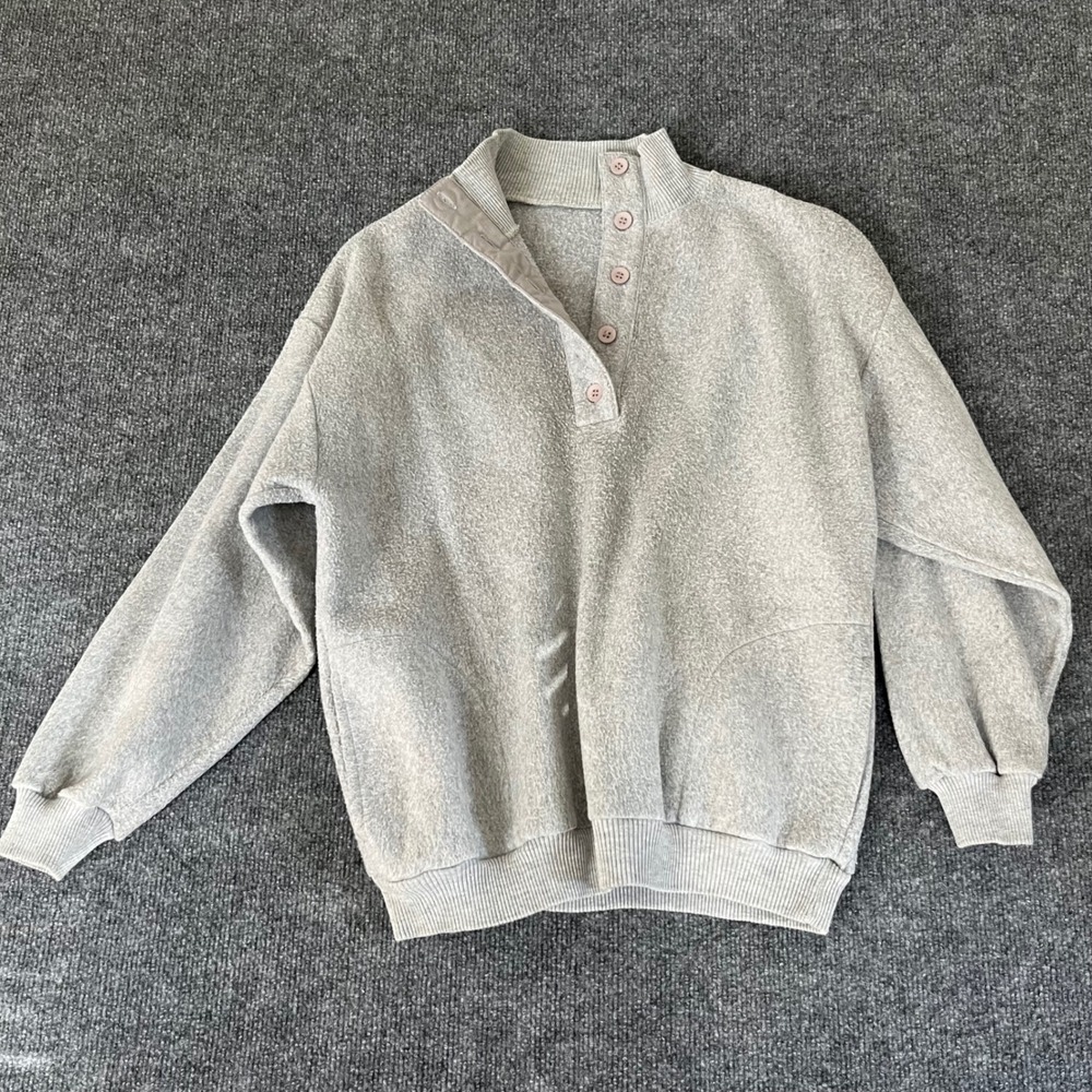 Gray Mock Neck Button Up Fleece Pullover Sweatshirt Relaxed Fit